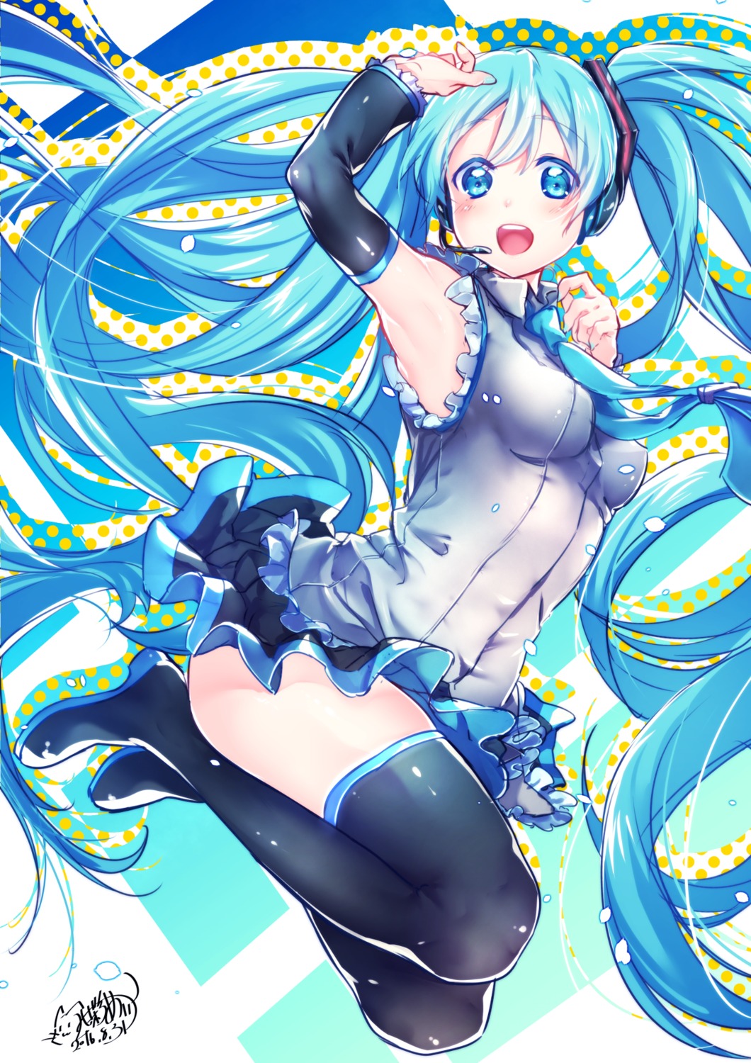 debi_(akuma), hatsune_miku, headphones, thighhighs, vocaloid