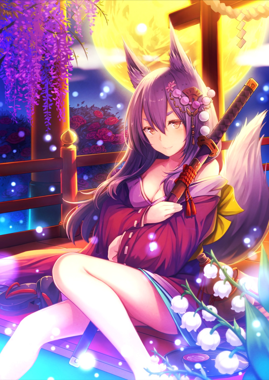 animal_ears, breast_hold, cleavage, e-suke, japanese_clothes, open_shirt, sword, tail