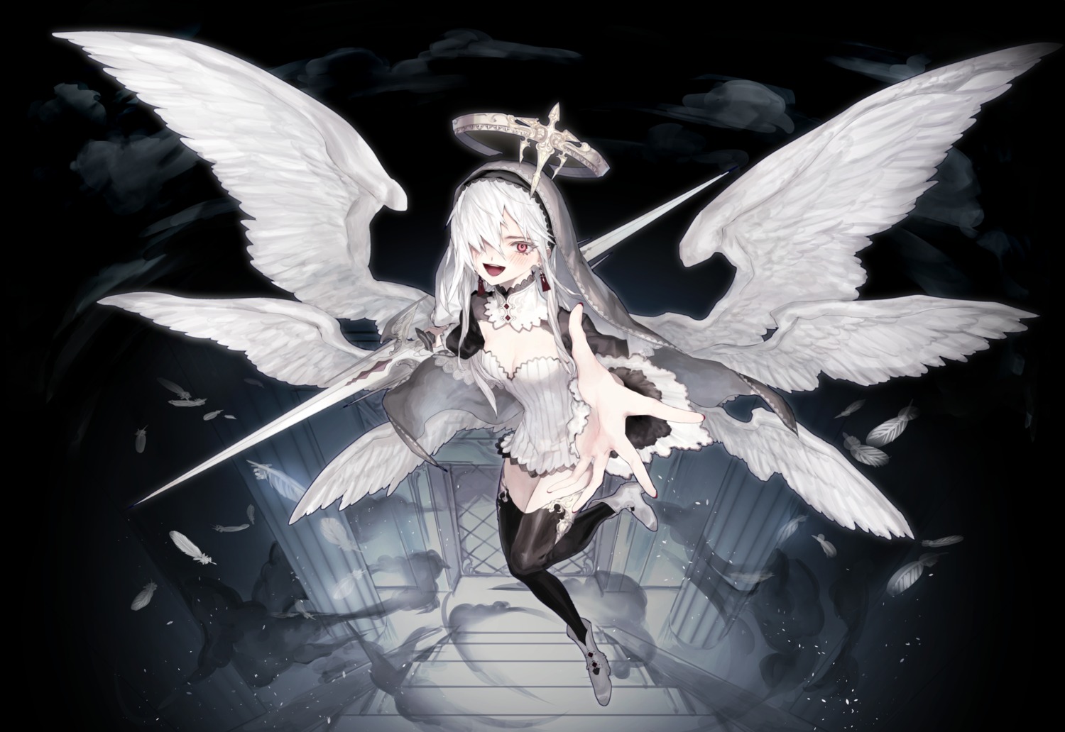 cleavage, dress, heels, ozyako, thighhighs, weapon, wings