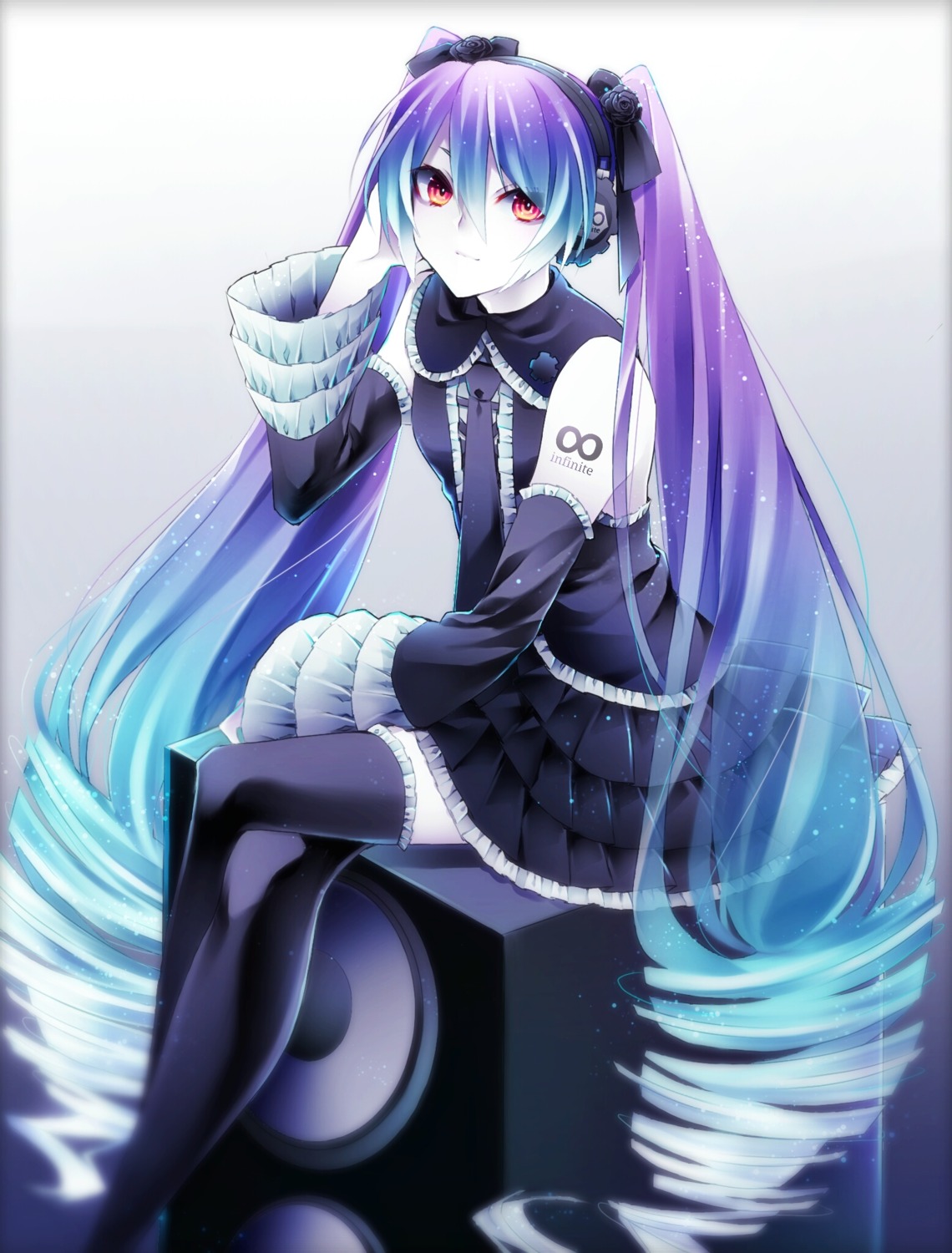 1055, hatsune_miku, headphones, infinite_holic_(vocaloid), tattoo, thighhighs, vocaloid