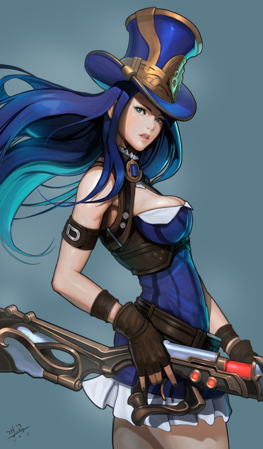 caitlyn, cleavage, dress, gun, league_of_legends, showcat
