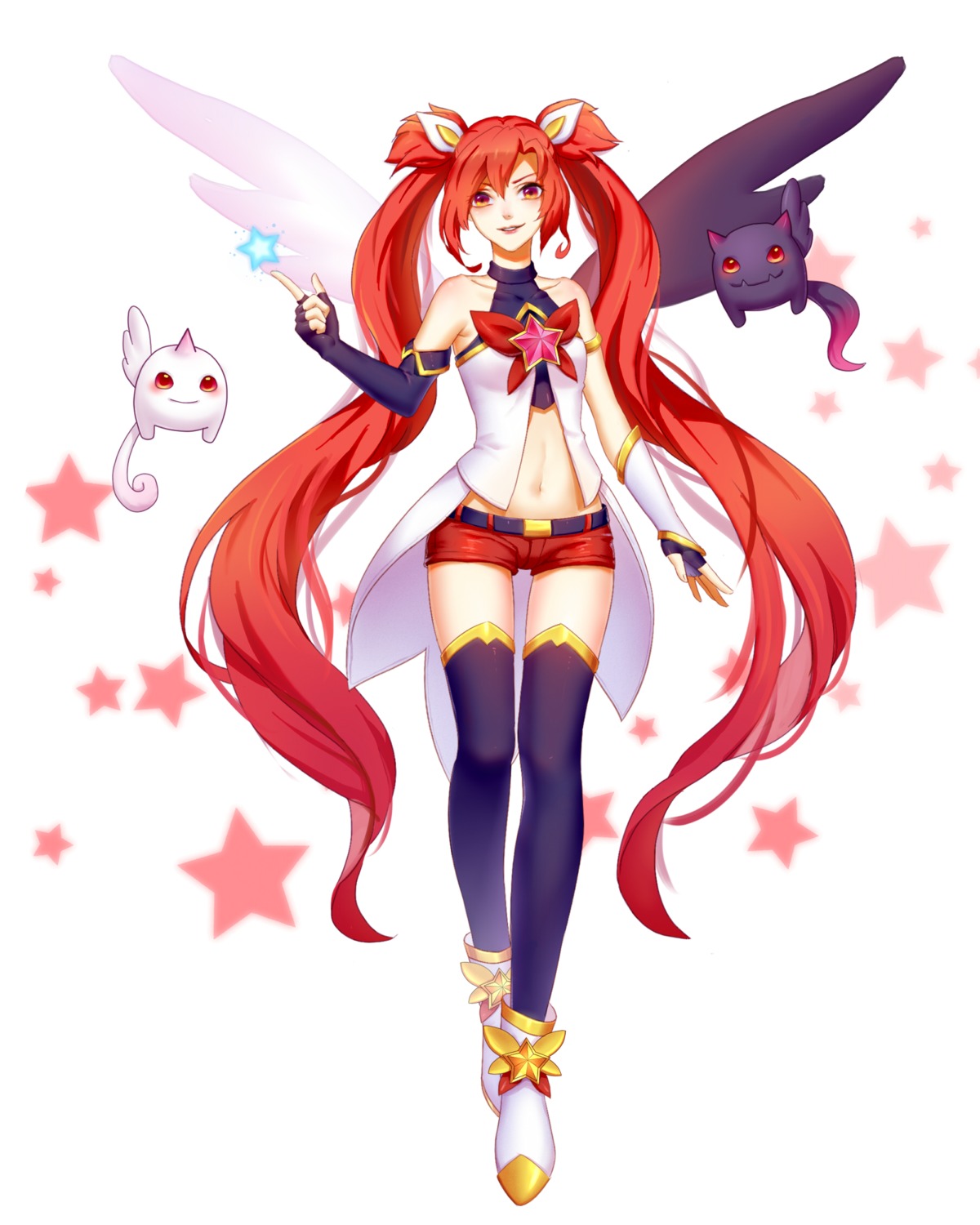 jinx, kezi, kuro_(league_of_legends), league_of_legends, open_shirt, shiro_(league_of_legends), thighhighs, wings