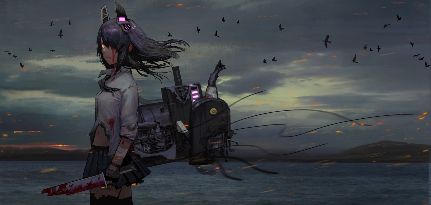 blood, kantai_collection, seifuku, sword, tenryuu_(kancolle), thighhighs, tomiya7112, torn_clothes, weapon