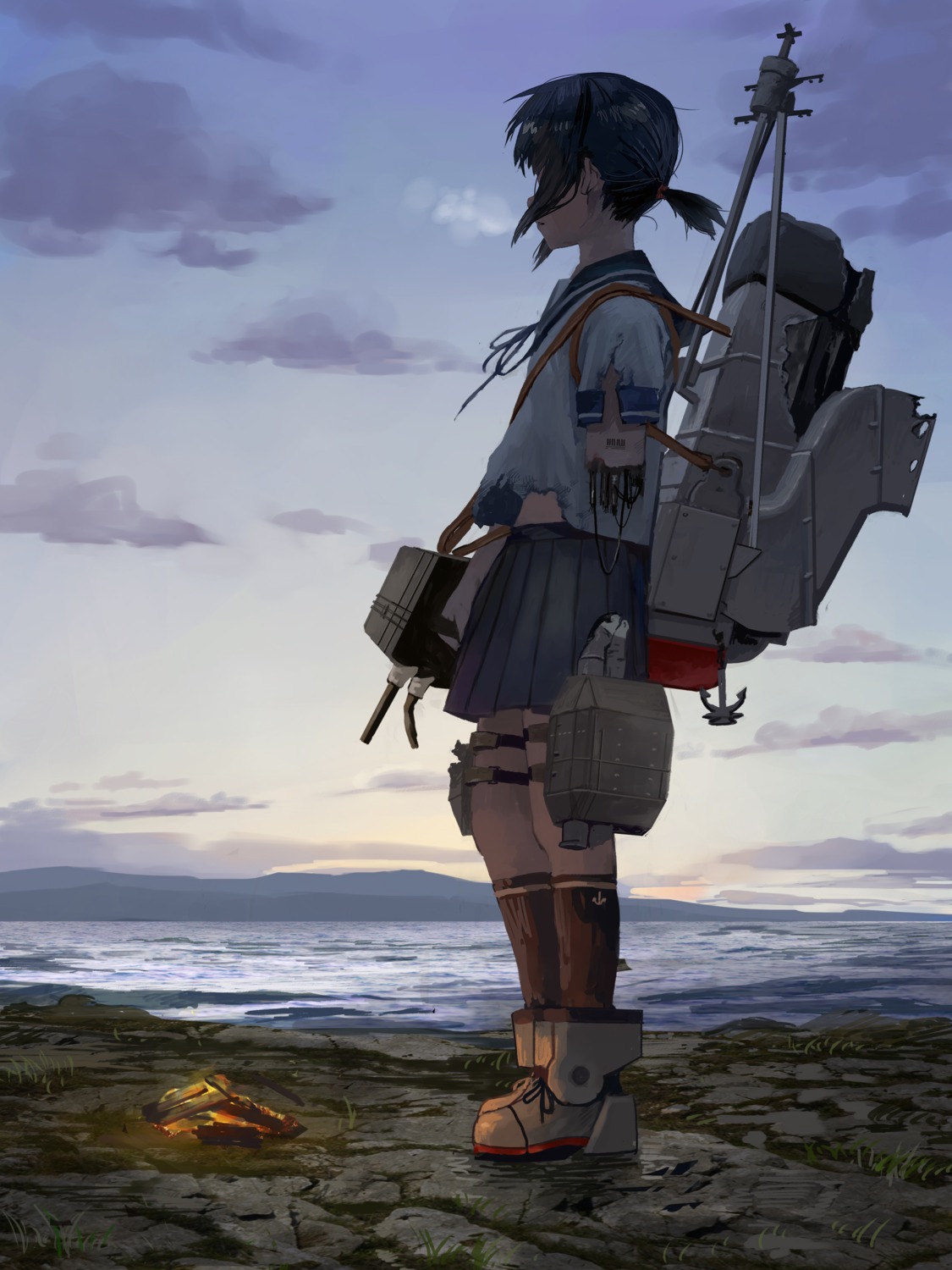 fubuki_(kancolle), kantai_collection, mecha_musume, seifuku, tattoo, tomiya7112, torn_clothes