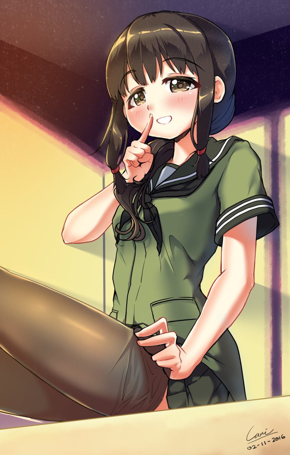 autographed, carillus, kantai_collection, kitakami_(kancolle), pantyhose, seifuku, undressing