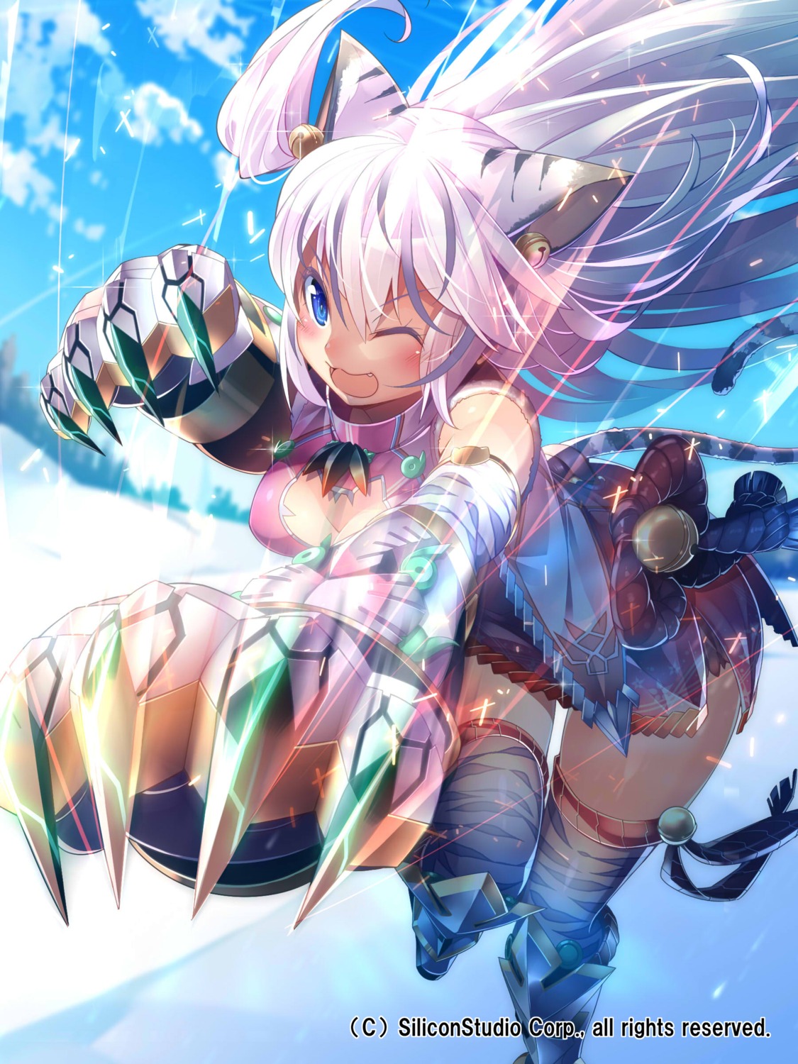 animal_ears, armor, cleavage, gyakushuu_no_fantasica, kokka_han, tail, thighhighs, weapon