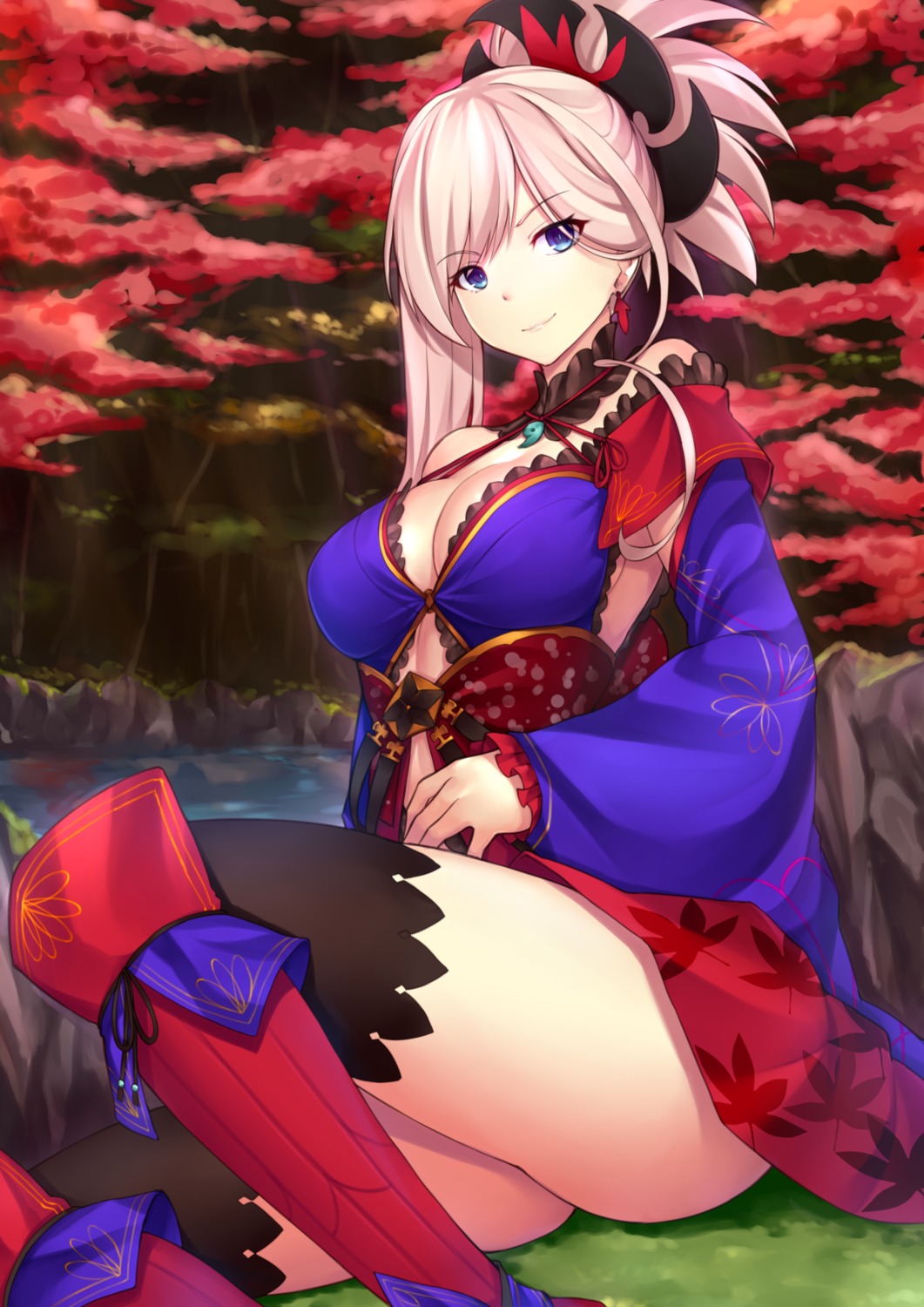 cleavage, fate/grand_order, japanese_clothes, miyamoto_musashi_(fate), pak_ce, thighhighs