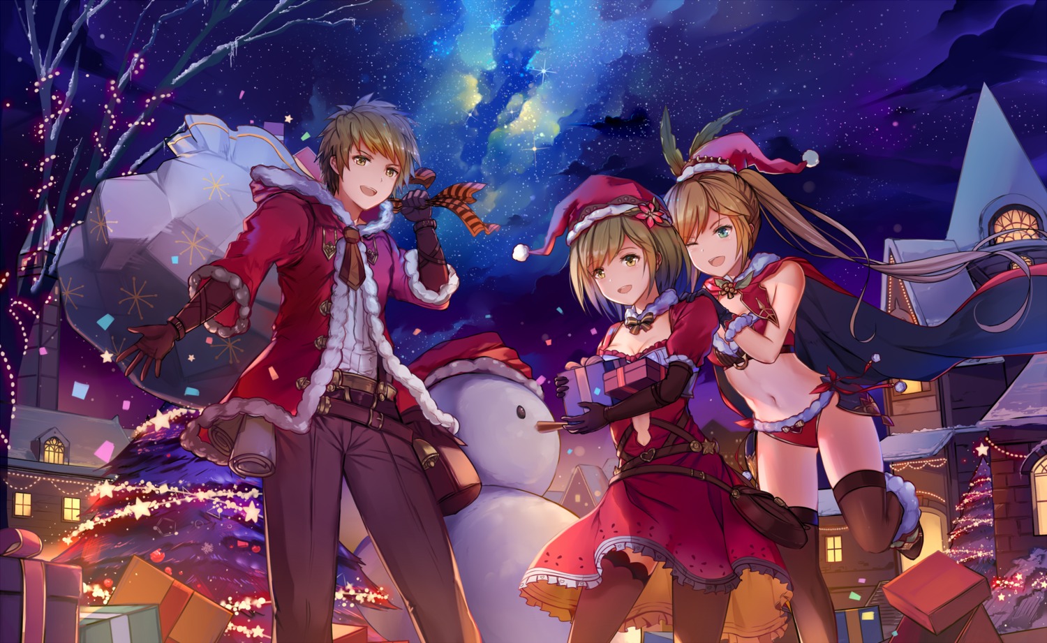 bikini, christmas, clarisse_(granblue_fantasy), cleavage, djeeta_(granblue_fantasy), dress, granblue_fantasy, natsumoka