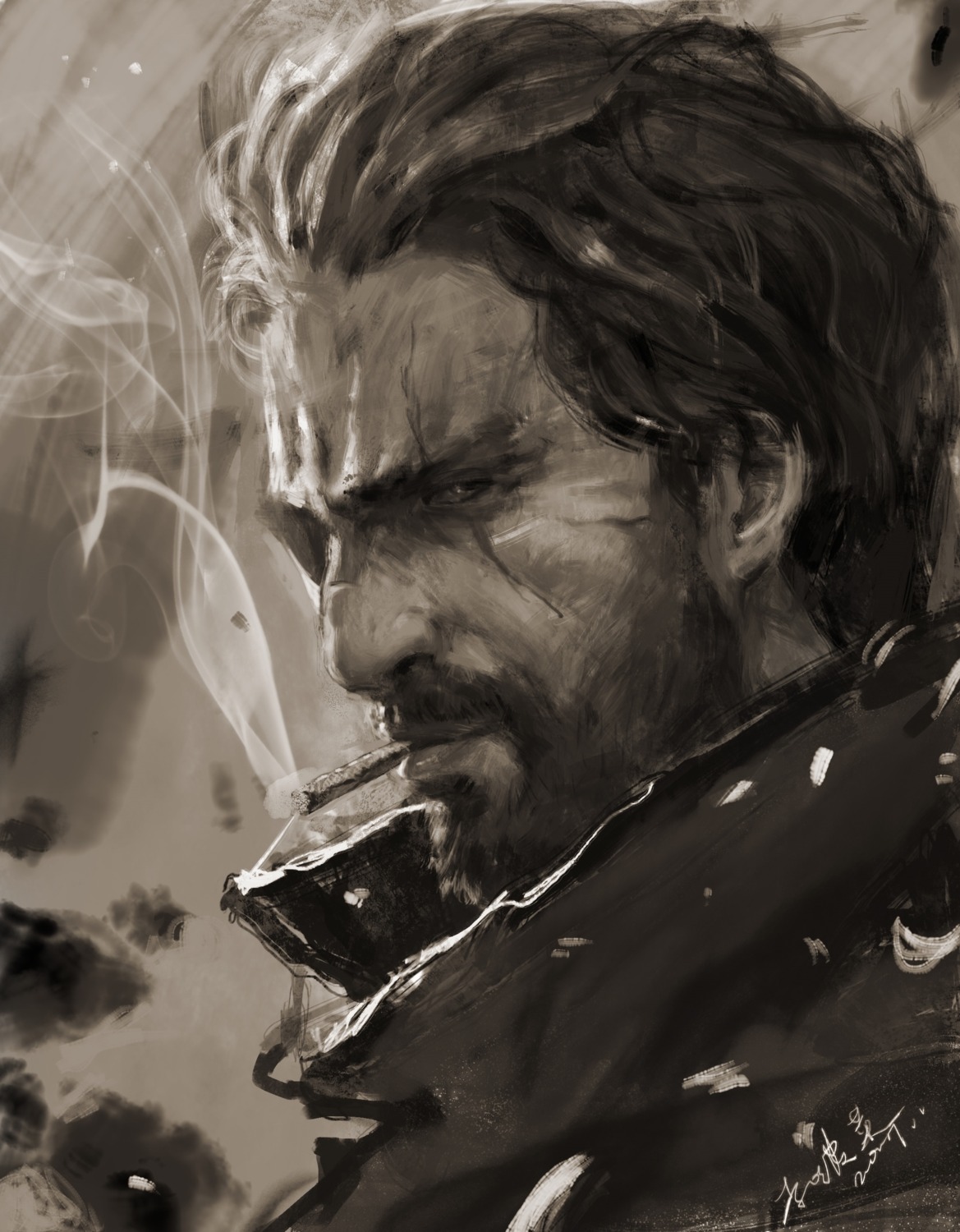 lishushu1996, mccree_(overwatch), monochrome, overwatch, reinhardt_(overwatch), smoking
