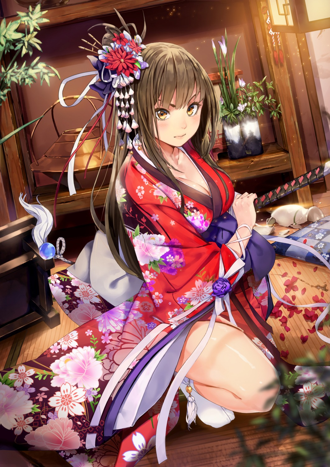 cleavage, honey_yun, kimono, sword