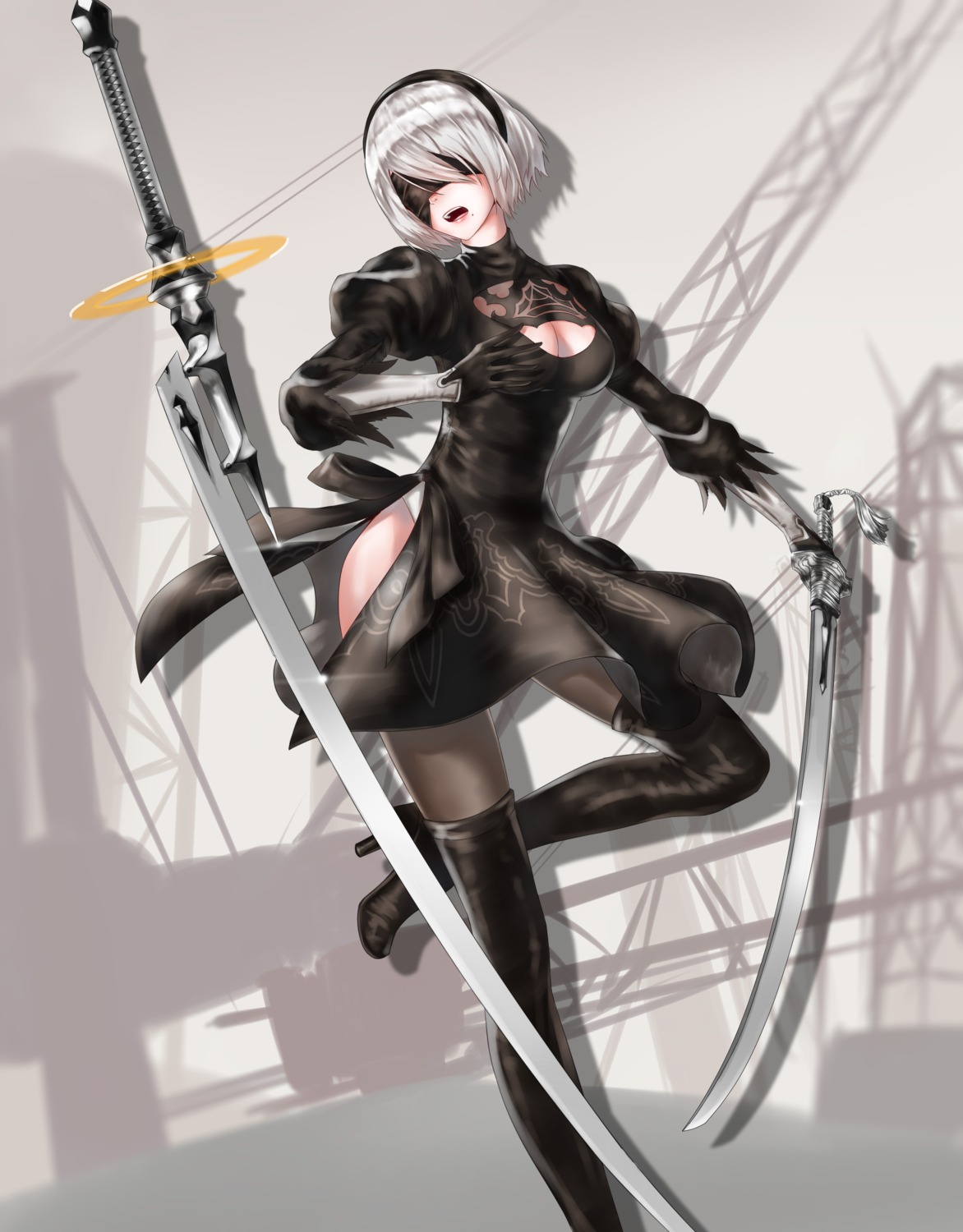cleavage, dress, heels, kai_(artist), nier, nier_automata, pantsu, sword, thighhighs, yorha_no.2_type_b