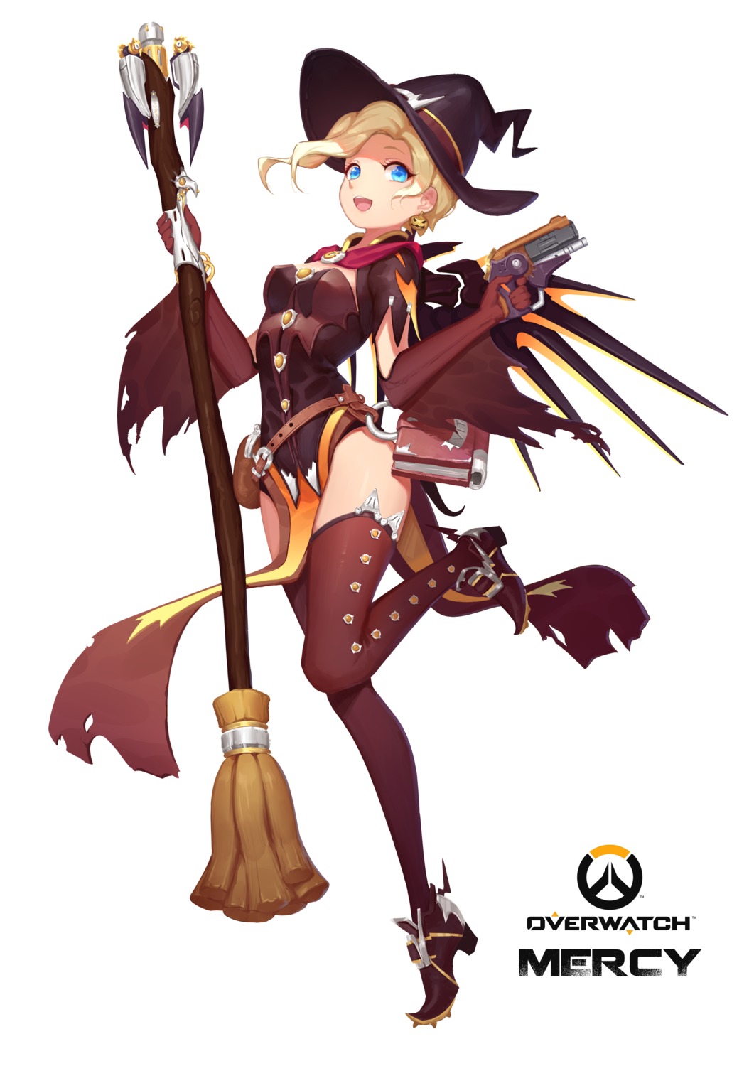 gun, halloween, heels, mercy_(overwatch), mosquito_coils, overwatch, thighhighs, torn_clothes