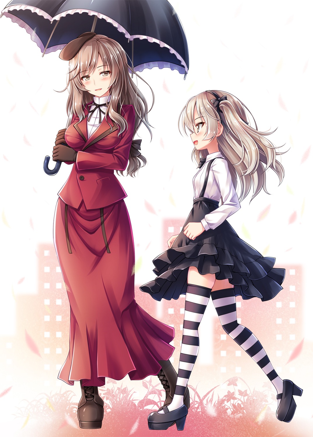 akashio, dress, girls_und_panzer, gothic_lolita, heels, lolita_fashion, shimada_arisu, shimada_chiyo, thighhighs, umbrella, uniform