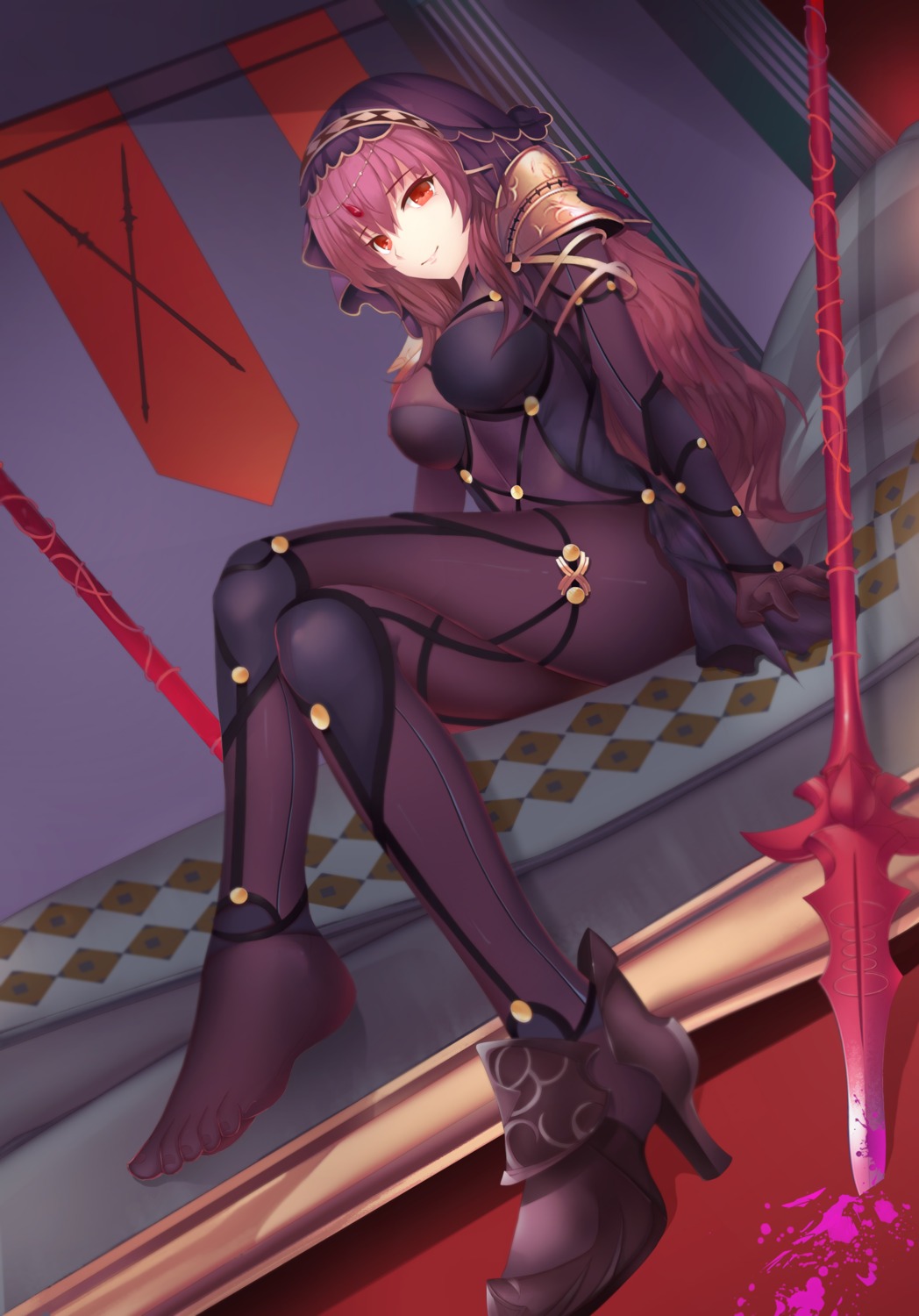 armor, blood, bodysuit, fate/grand_order, feet, heels, magician_(china), scathach_(fate)