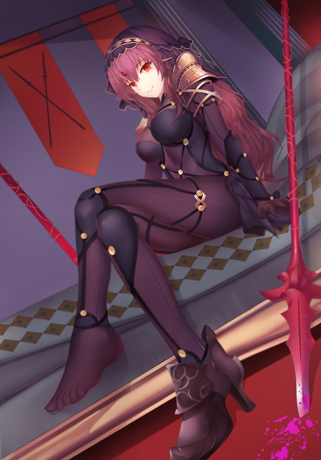 armor, blood, bodysuit, fate/grand_order, feet, heels, magician_(china), scathach_(fate), weapon