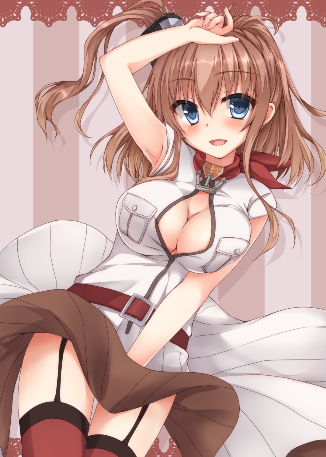cleavage, kantai_collection, lowell_(ouranoss2kanata), no_bra, open_shirt, saratoga_(kancolle), stockings, thighhighs, uniform