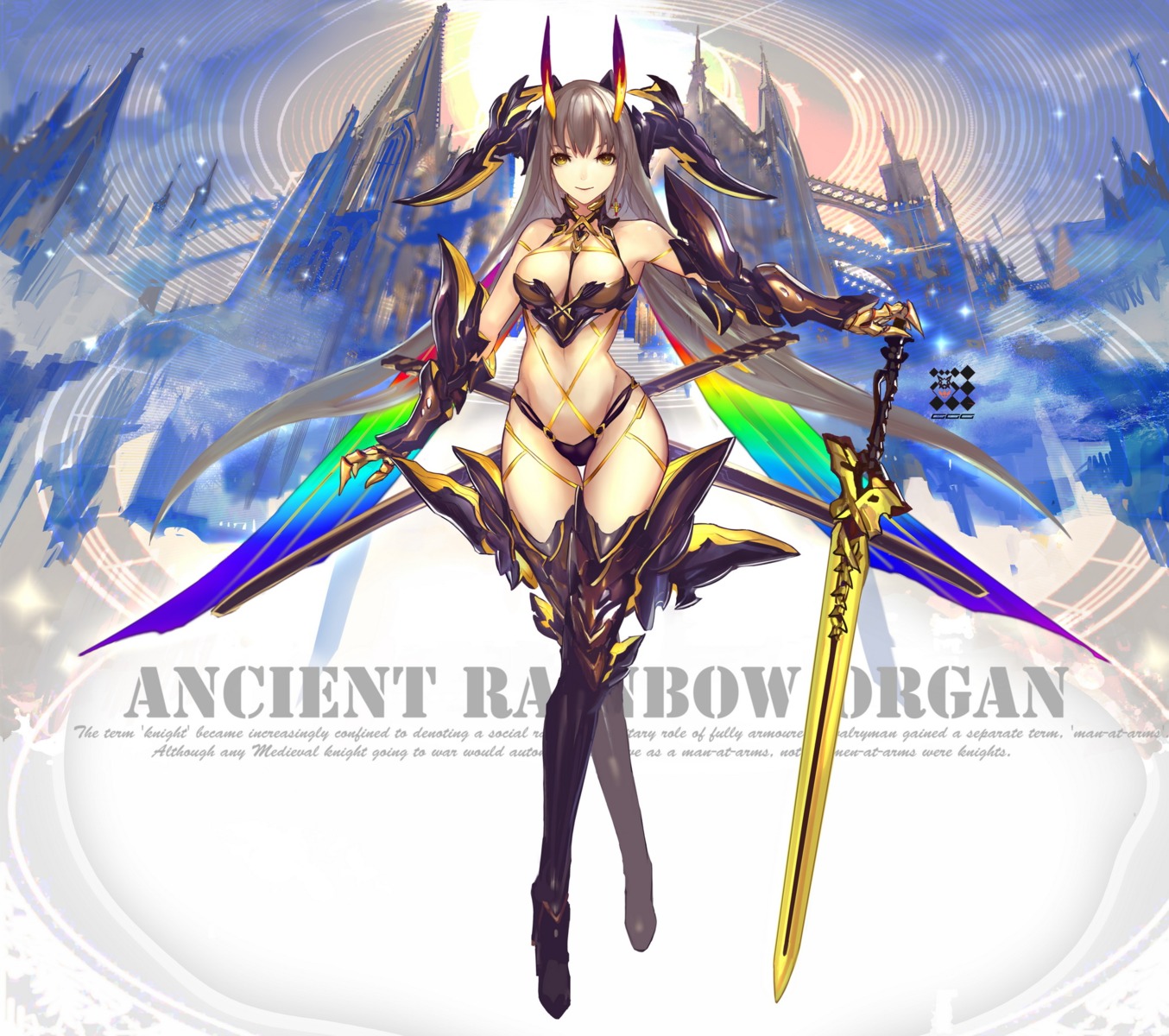 armor, bikini_armor, cleavage, heels, horns, kiwamu, sword, thighhighs, wings