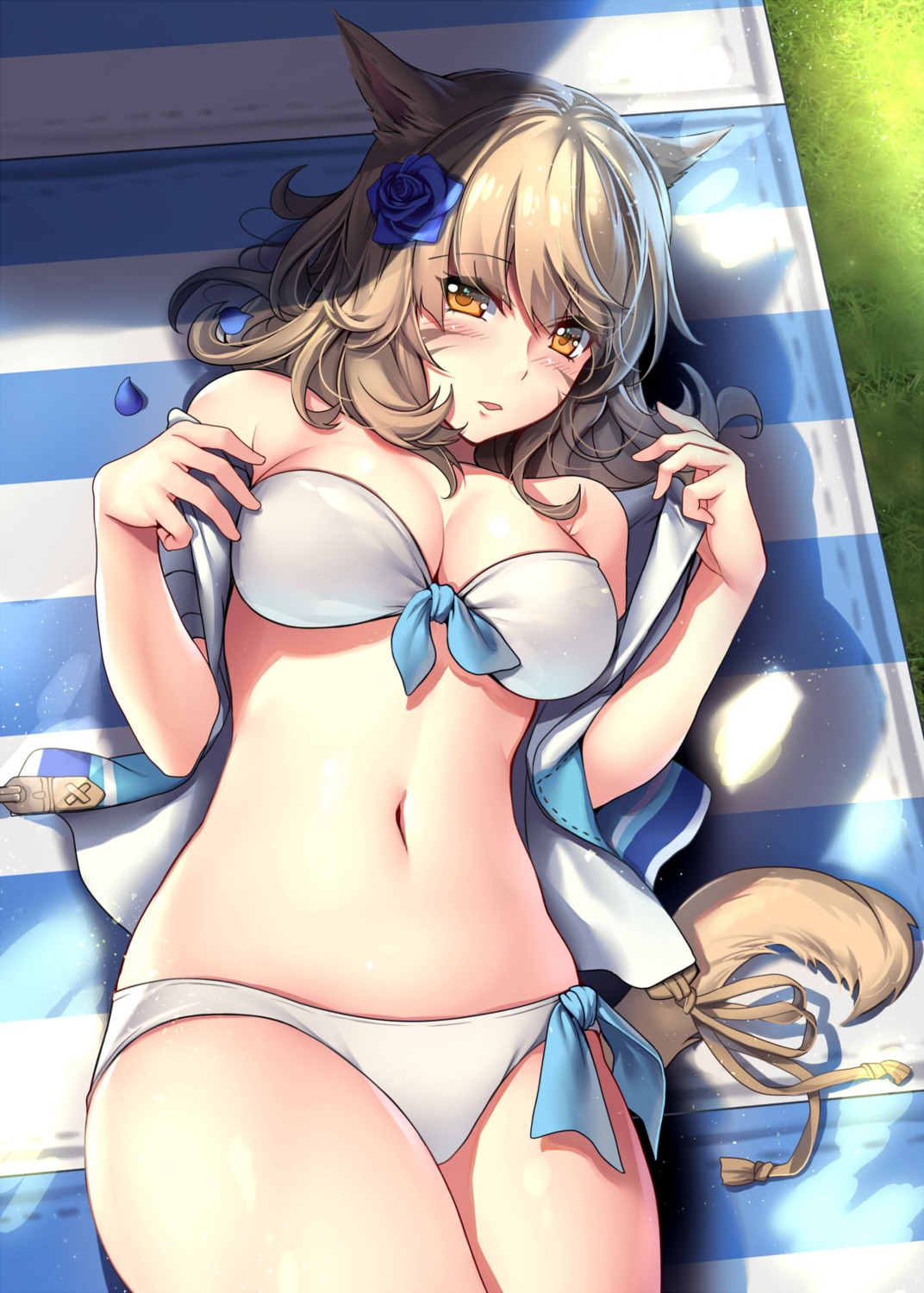animal_ears, aruma_jiki, bikini, cleavage, final_fantasy, final_fantasy_xiv, miqo'te, nekomimi, open_shirt, swimsuits, tail, undressing