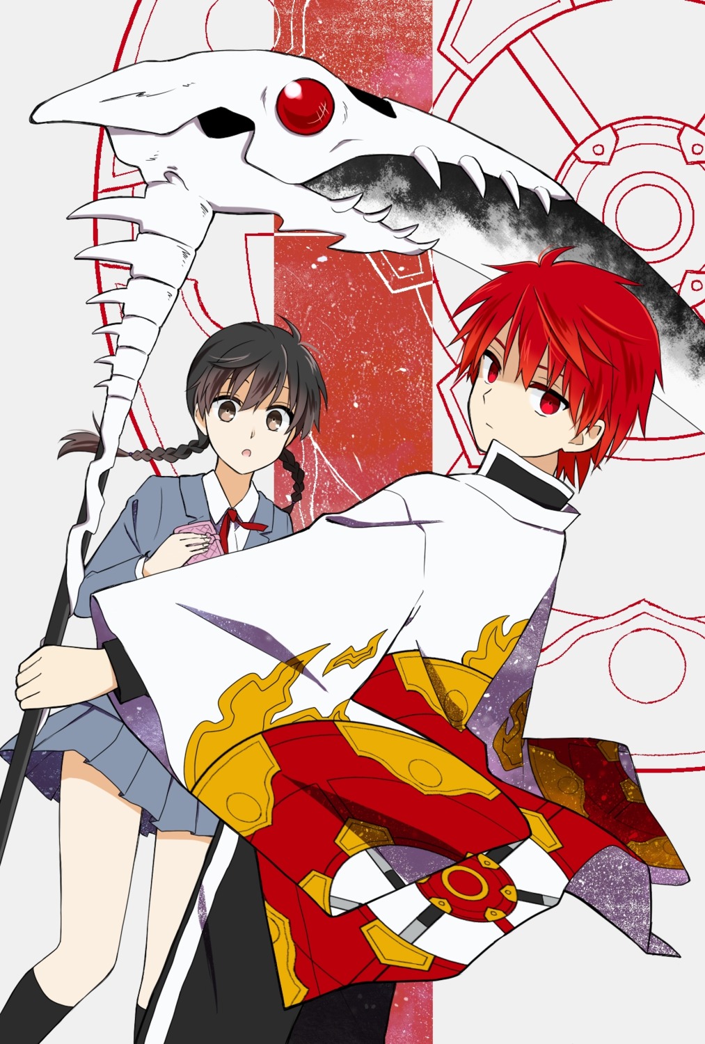 108_(arukarish), kyoukai_no_rinne, mamiya_sakura, rokudo_rinne, seifuku, weapon