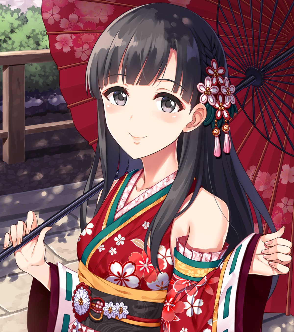 kimono, kobayakawa_sae, the_idolm@ster, the_idolm@ster_cinderella_girls, umbrella, yuuhi_(ages)