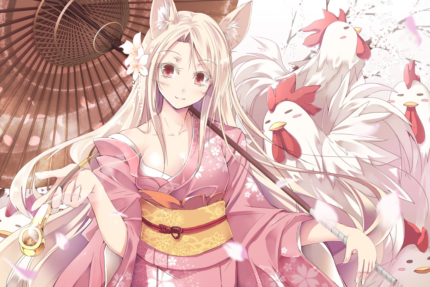 animal_ears, cleavage, kimono, open_shirt, satomi, smoking, umbrella