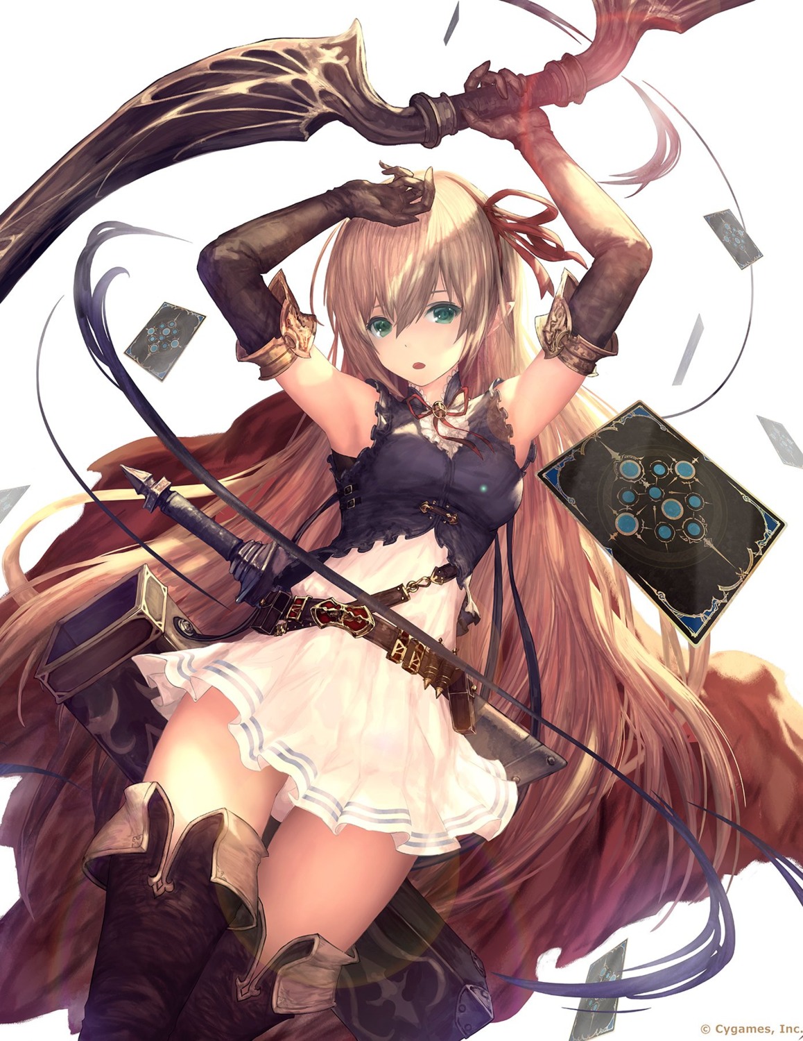 arisa_(shadowverse), dress, pantsu, shadowverse, tachikawa_mushimaro, thighhighs, weapon