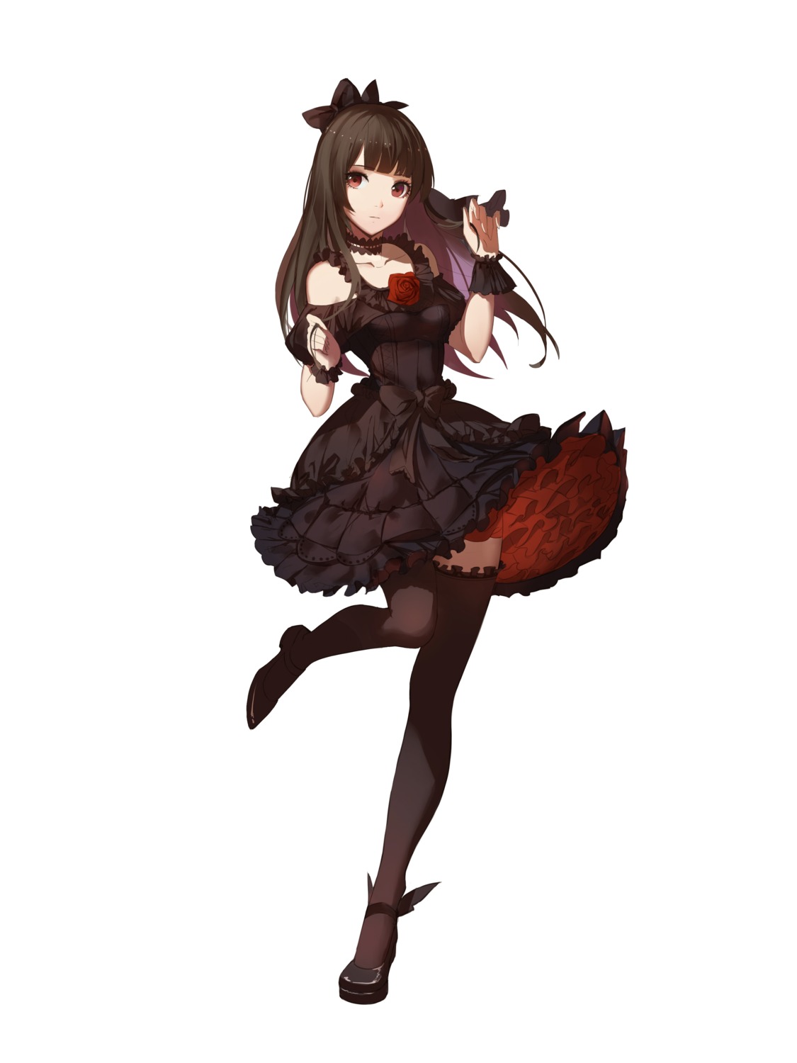 dress, heels, red_flowers, thighhighs