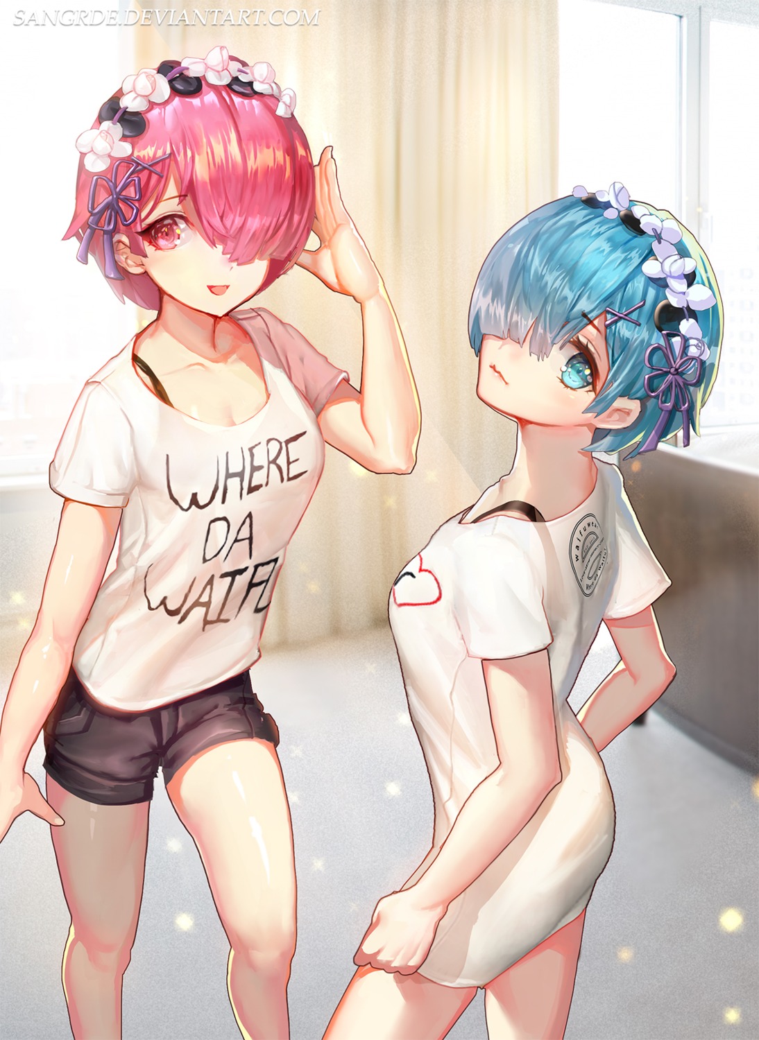 bra, cleavage, official_watermark, ram_(re_zero), re:zero_kara_hajimeru_isekai_seikatsu, rem_(re_zero), sangrde, see_through