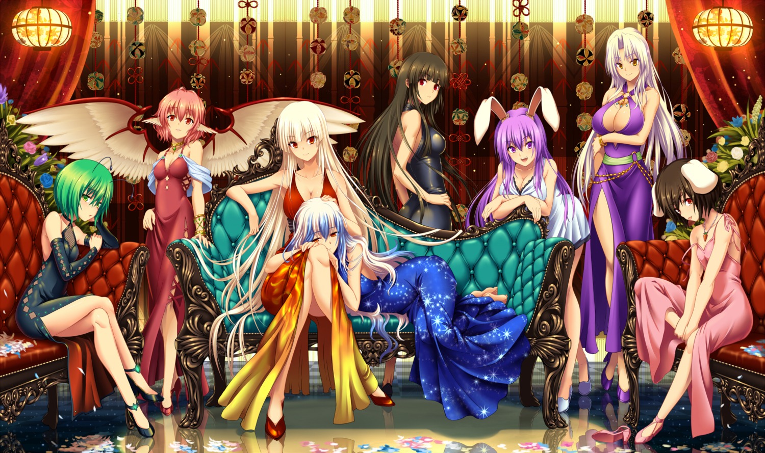 animal_ears, breast_hold, bunny_ears, cleavage, dress, fishnets, fujiwara_no_mokou, heels