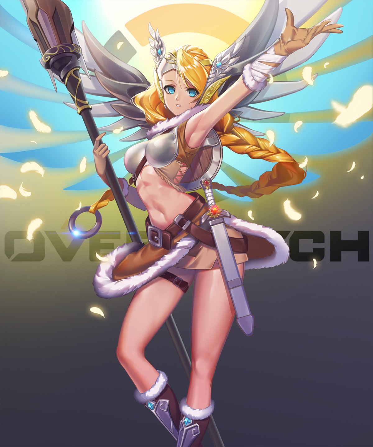 armor, garter, littleamber, mercy_(overwatch), overwatch, sword, weapon, wings