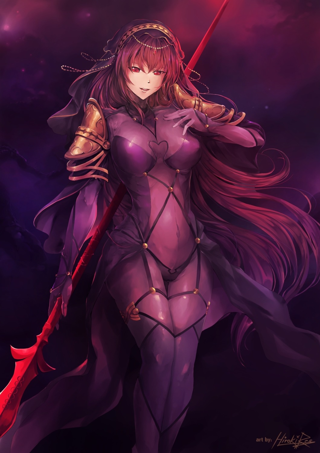 armor, bodysuit, fate/grand_order, hiroki_ree, scathach_(fate), stockings, thighhighs, weapon