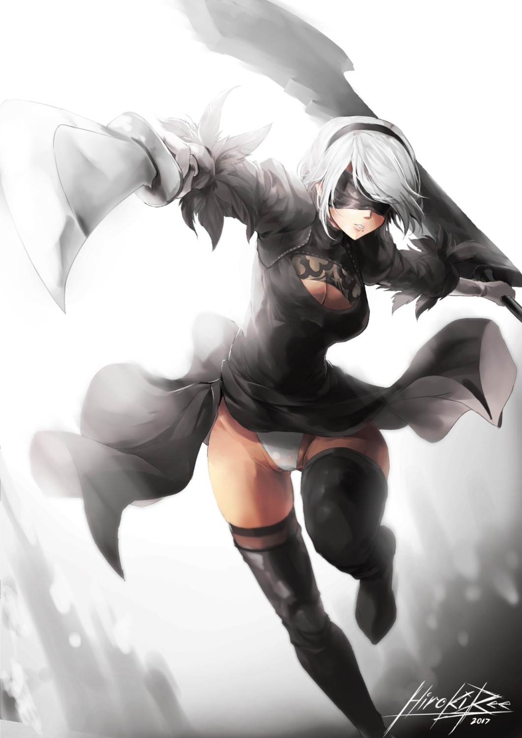 cleavage, dress, hiroki_ree, nier, nier_automata, pantsu, sword, thighhighs