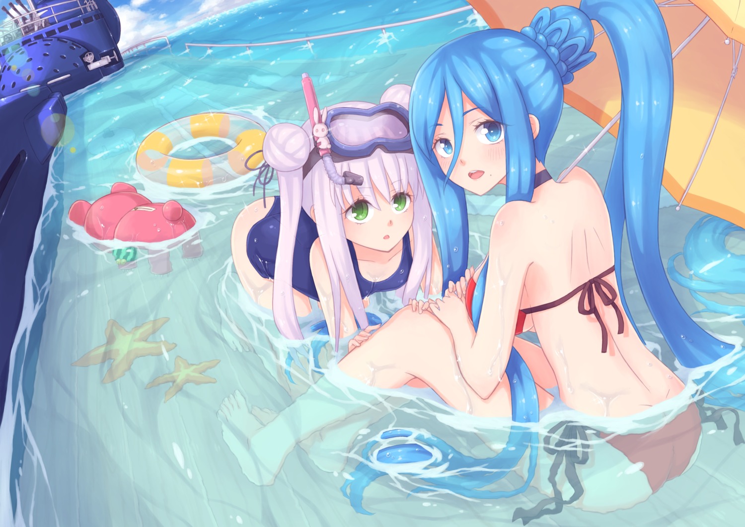 aoki_hagane_no_arpeggio, ass, bikini, gun_(artist), iona, kirishima_(aoki_hagane_no_arpeggio), school_swimsuit, swimsuits