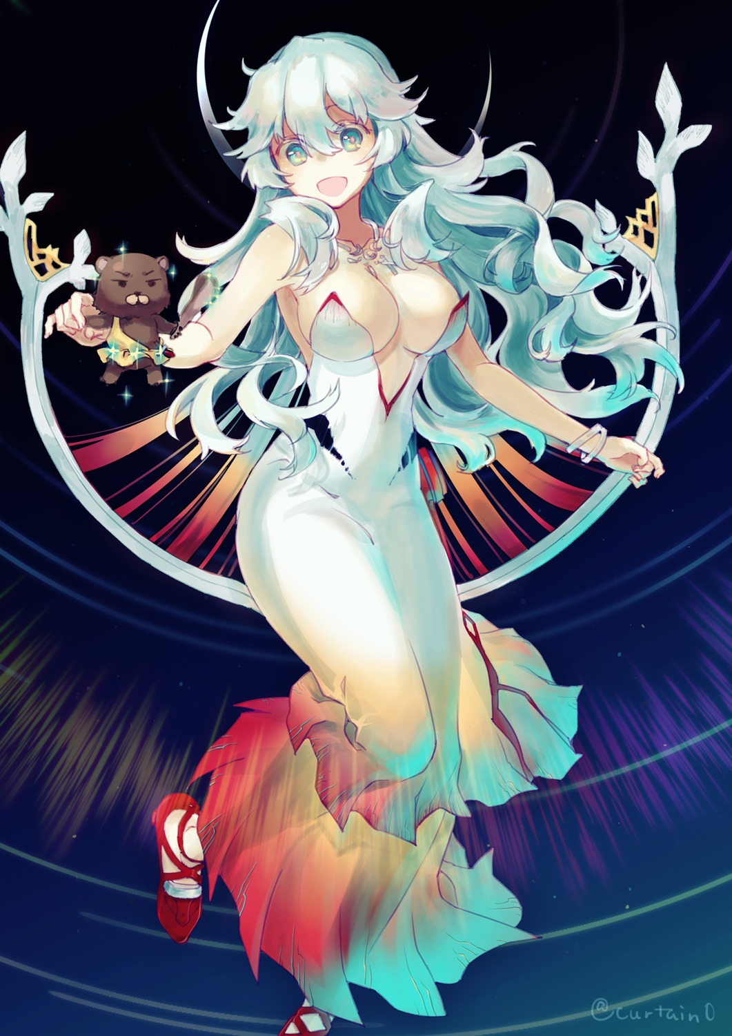artemis_(fate/grand_order), cleavage, curtain, dress, fate/grand_order, heels, no_bra, orion_(fate/grand_order)