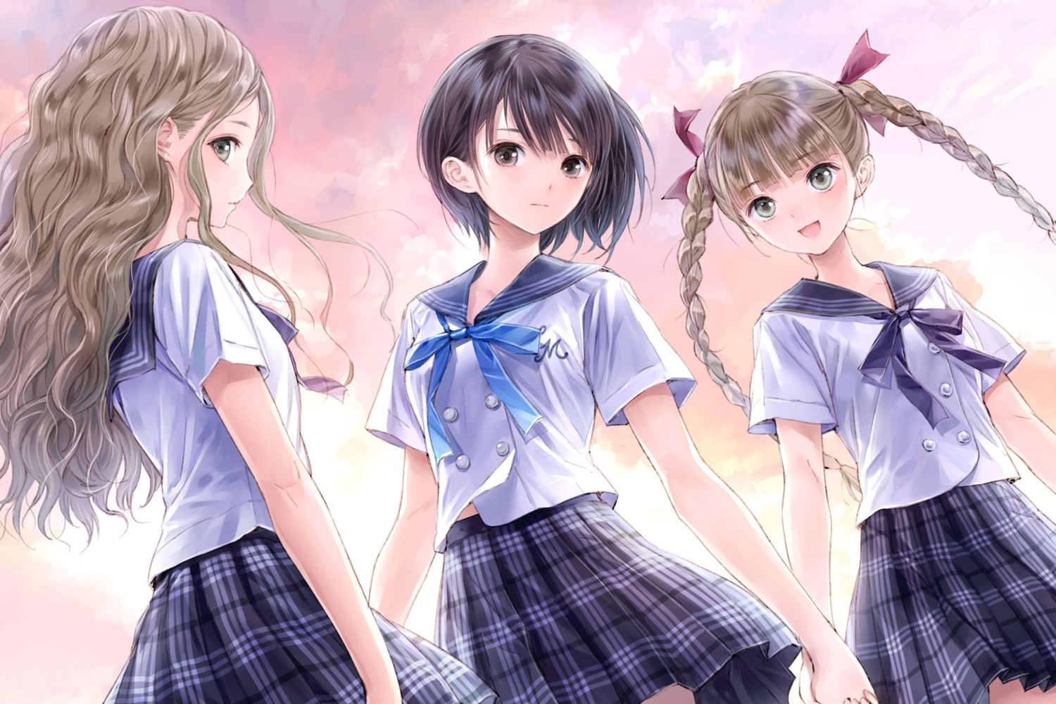 blue_reflection, gust_(company), kishida_mel, seifuku, shijou_raimu, shijou_yuzuki, shirai_hinako, wallpaper