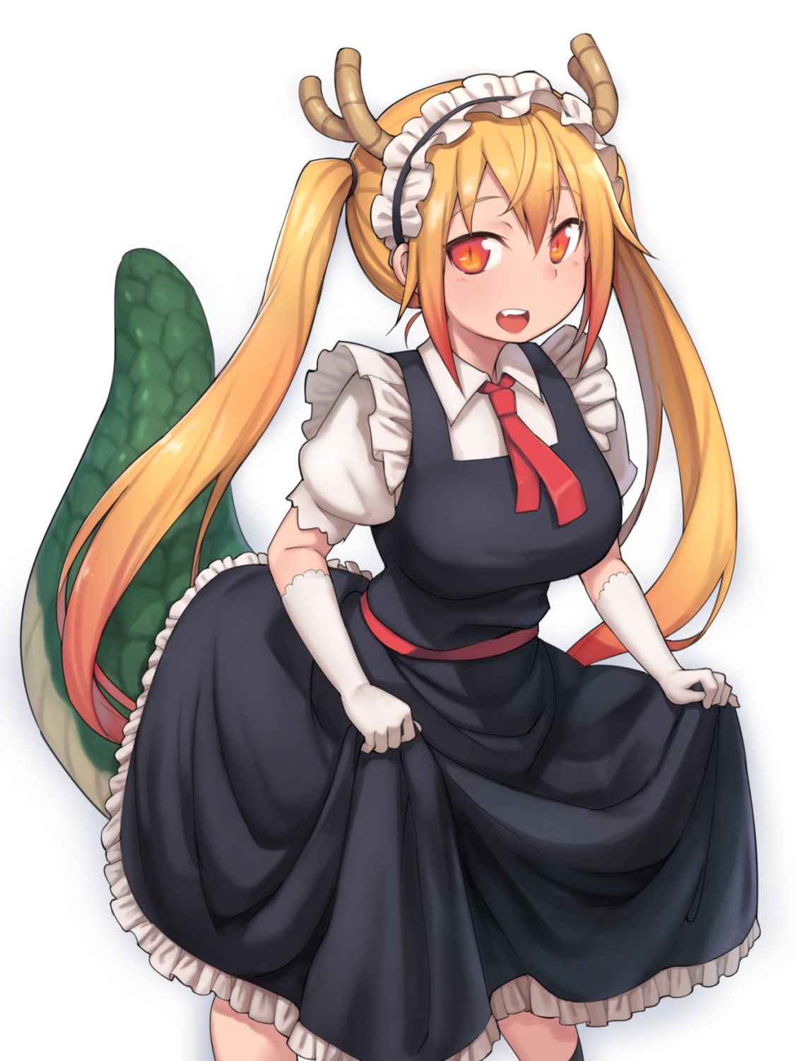horns, kobayashi-san_chi_no_maidragon, maid, skirt_lift, tail, tooru_(maidragon), zenn
