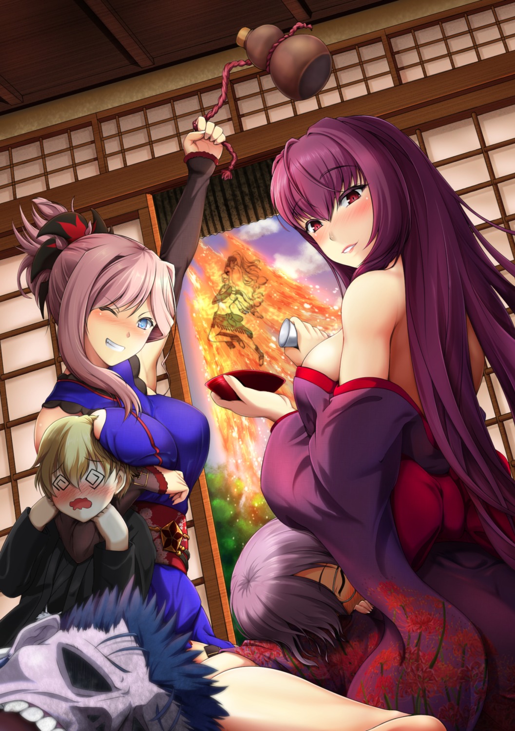 bol_(liliymimi), breast_hold, fate/grand_order, fate/stay_night, gilgamesh_(fate), kimono, lancer_(fate/prototype), mash_kyrielight, megane, miyamoto_musashi_(fate), open_shirt, quetzalcoatl_(fate), sake, scathach_(fate)