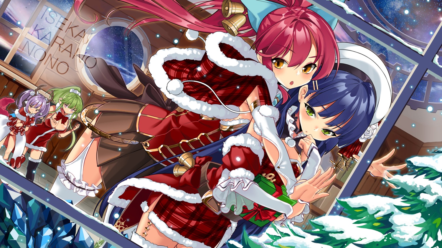 christmas, cleavage, dress, isekai_karano_nono, kikimi, stockings, thighhighs, yuri