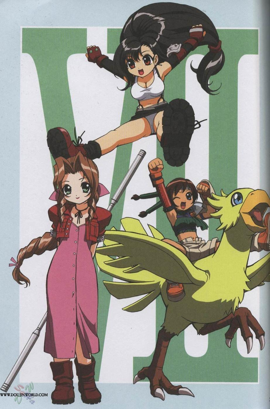 aerith_gainsborough, binding_discoloration, chocobo, final_fantasy, final_fantasy_vii, tifa_lockhart, watermark, yuffie_kisaragi