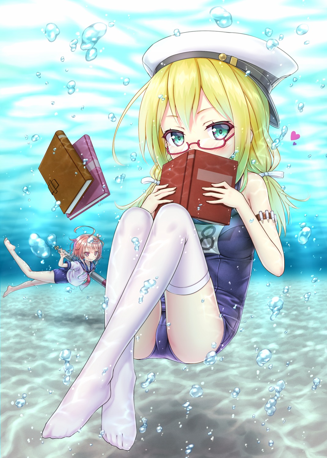 feet, gotou_hisashi, i-58_(kancolle), i-8_(kancolle), kantai_collection, megane, school_swimsuit, seifuku