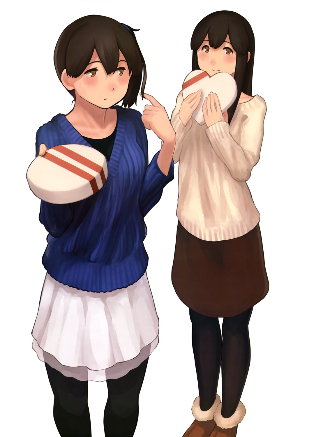 akagi_(kancolle), kaga_(kancolle), kantai_collection, pantyhose, shibafu, sweater, valentine