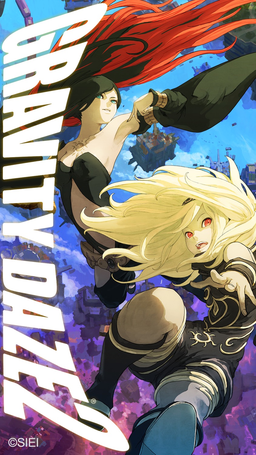cleavage, gravity_daze, kat_(gravity_daze), no_bra, pantsu, raven_(gravity_daze), thighhighs