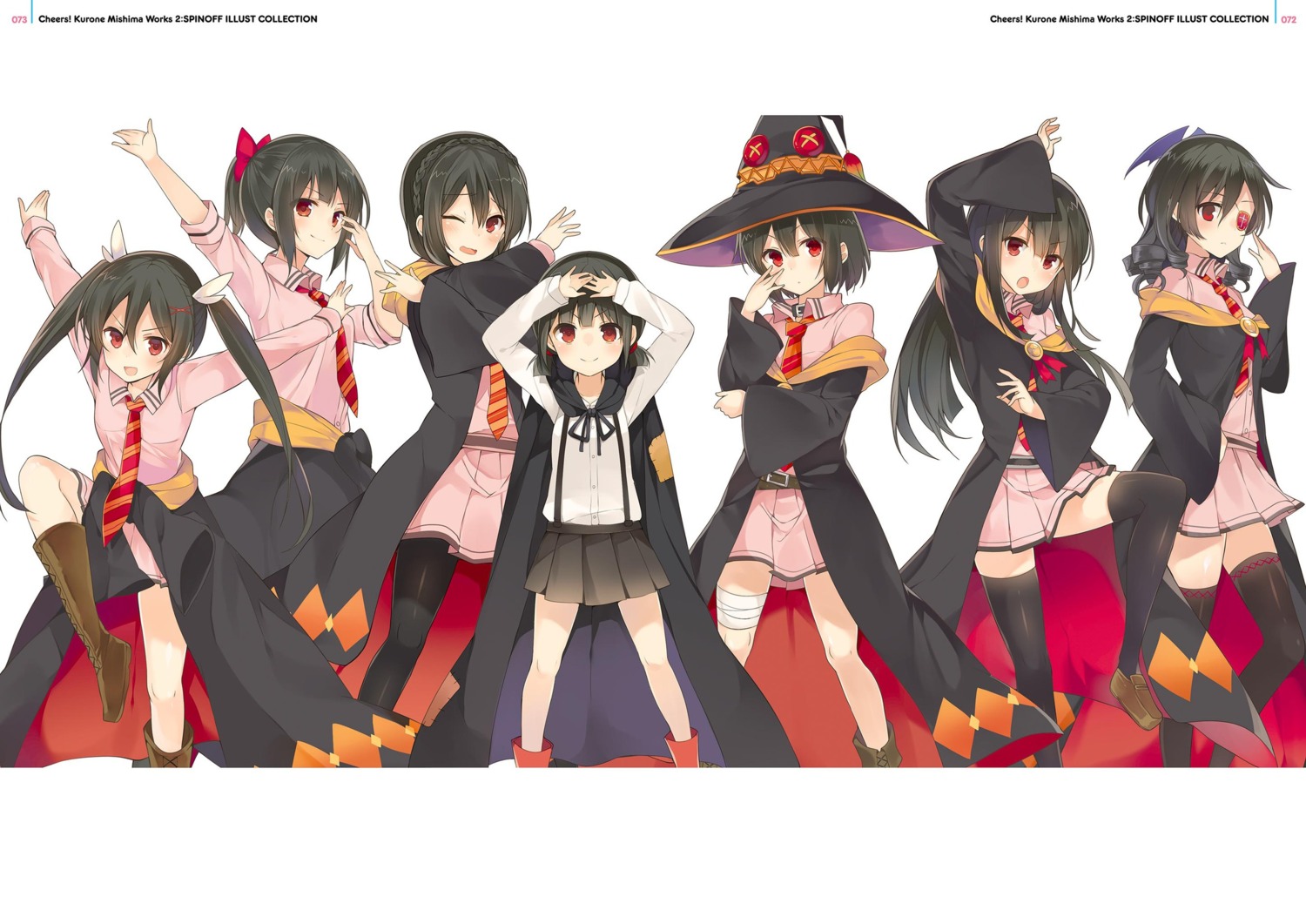 bandages, digital_version, eyepatch, komekko, kono_subarashii_sekai_ni_bakuen_wo!, kono_subarashii_sekai_ni_shukufuku_wo!, megumin, mishima_kurone, pantyhose, seifuku, thighhighs, witch, yunyun_(konosuba)