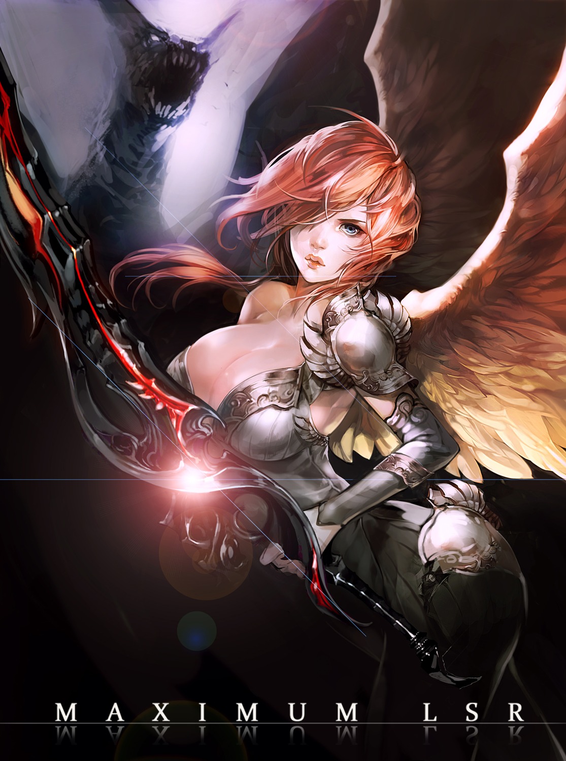 armor, cleavage, lsr, monster, sword, wings
