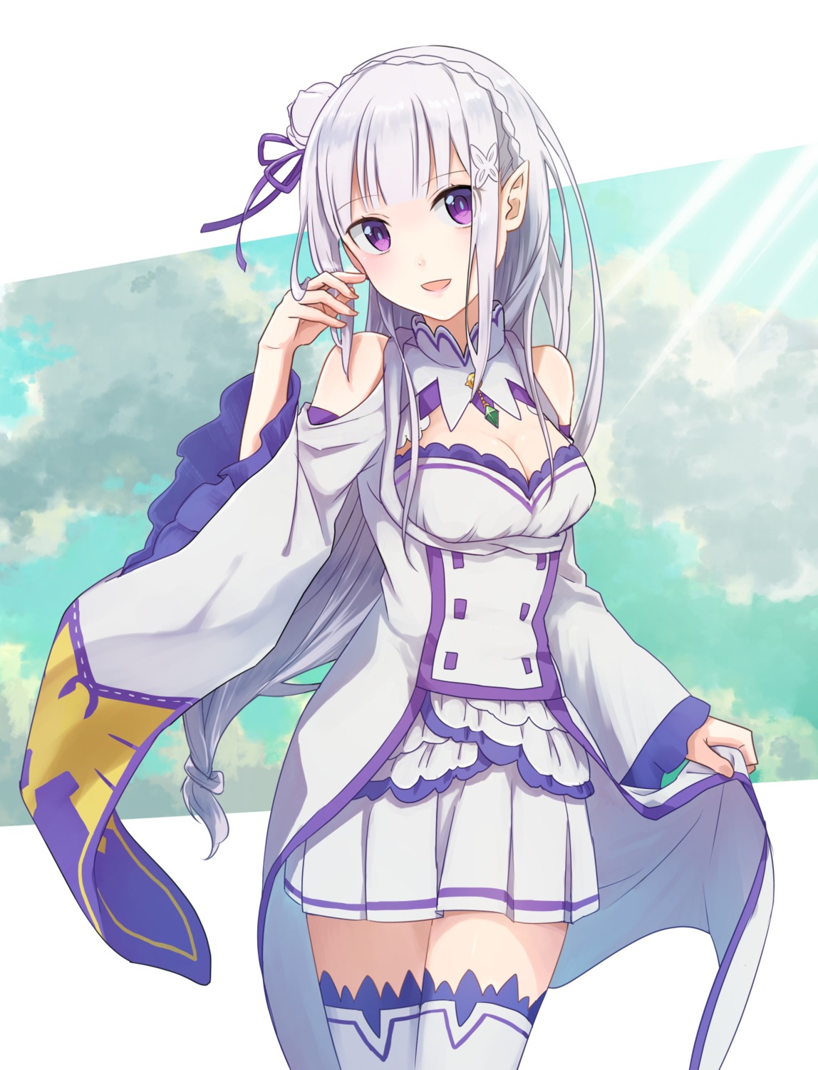 cleavage, elf, emilia_(re_zero), pointy_ears, re:zero_kara_hajimeru_isekai_seikatsu, shake_sawa, thighhighs