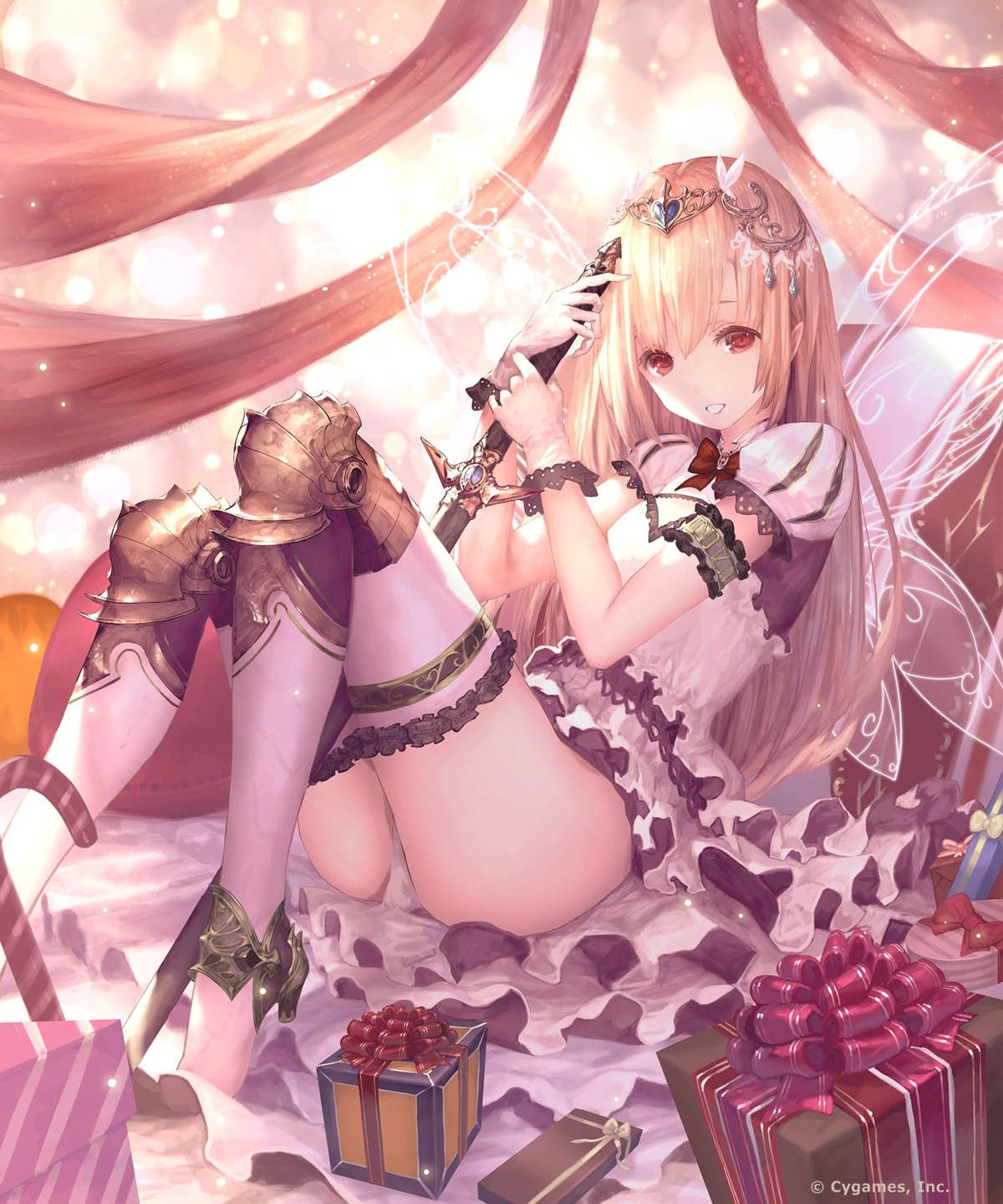 aria_(shingeki_no_bahamut), armor, heels, pointy_ears, shingeki_no_bahamut, sword, tachikawa_mushimaro, thighhighs, wings