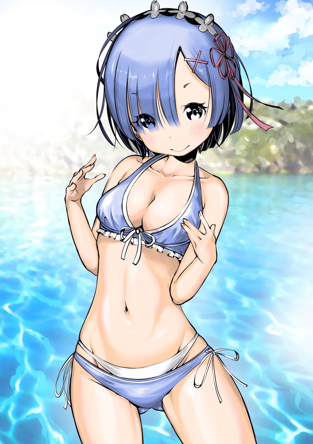 bikini, cleavage, fukushima_masayasu, re:zero_kara_hajimeru_isekai_seikatsu, rem_(re_zero), swimsuits
