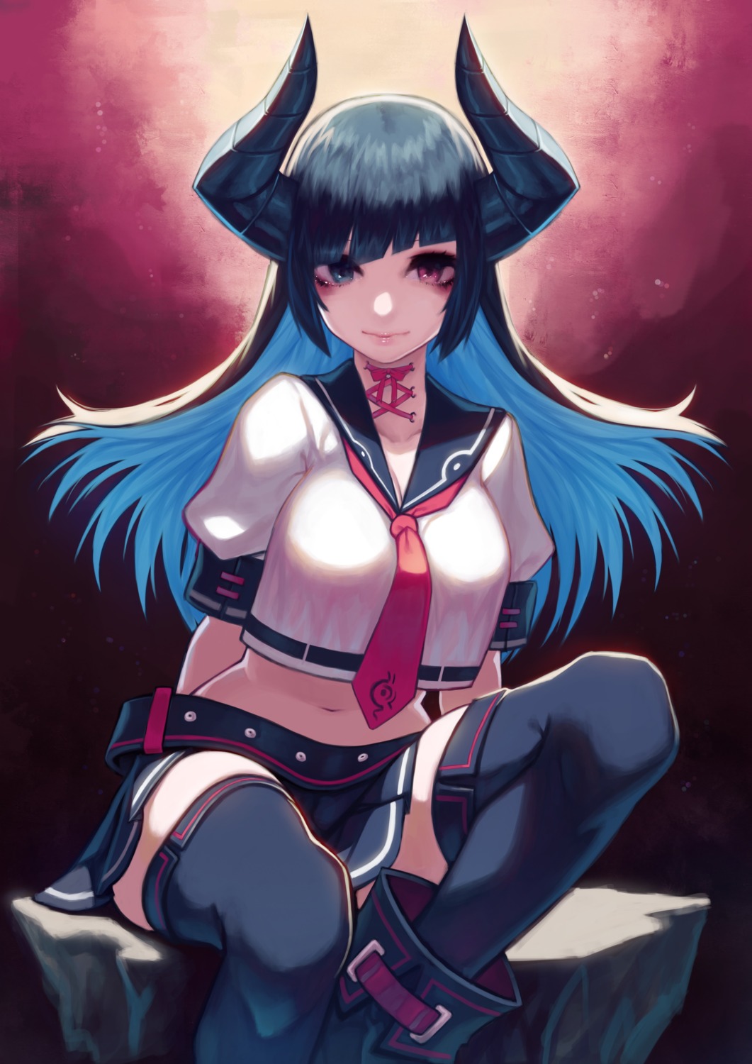 doku-chan_(dokkudokudoku), heterochromia, horns, seifuku, thighhighs
