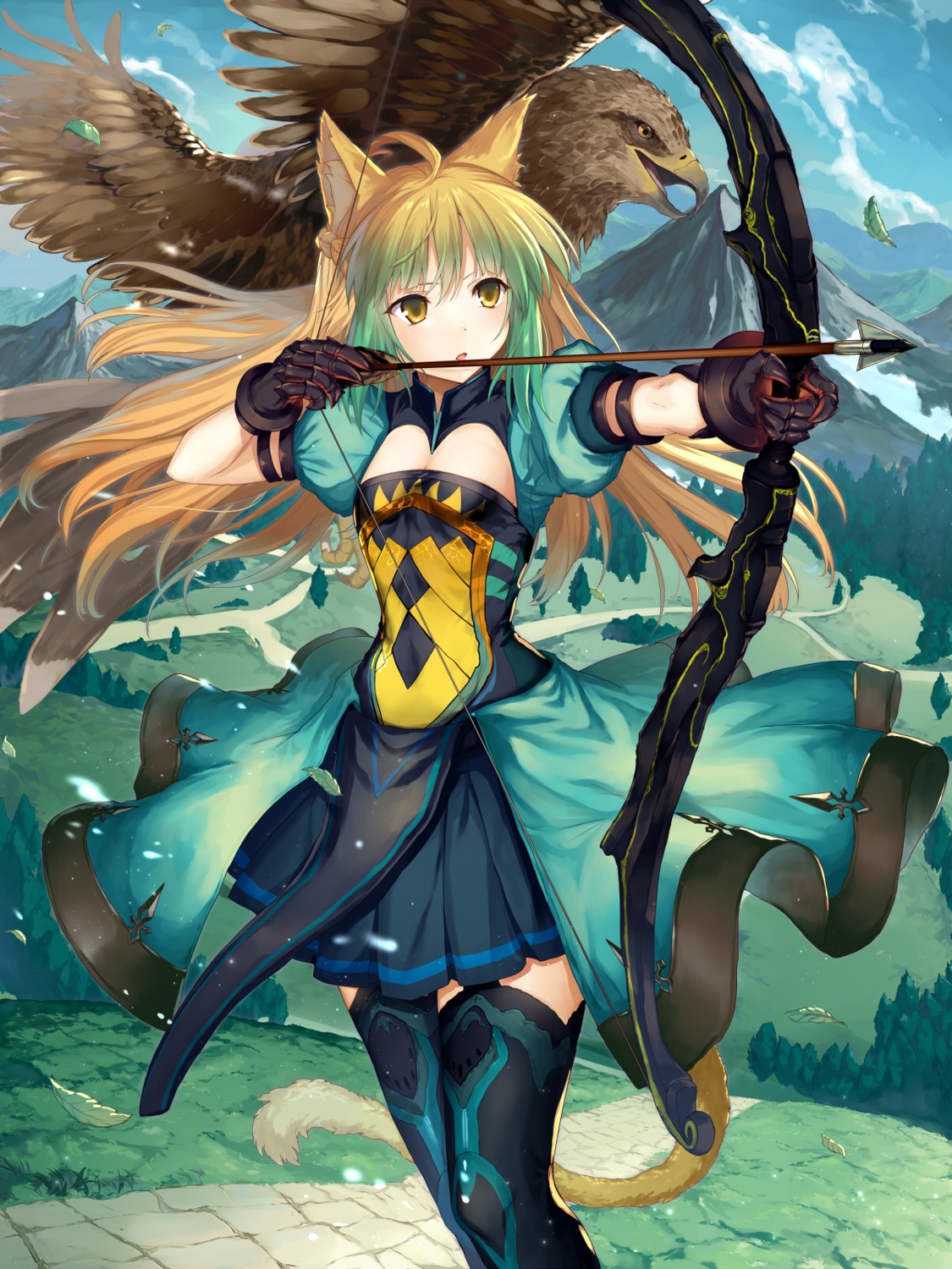 abusoru, animal_ears, armor, atalanta_(fate), cleavage, dress, fate/apocrypha, fate/grand_order, fate/stay_night, stockings, tail, thighhighs, weapon