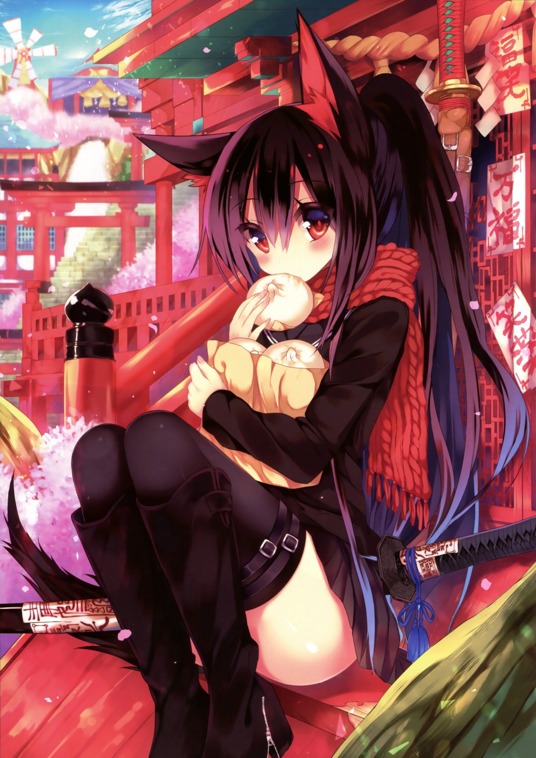 amakawa_sakko, animal_ears, heels, seifuku, sword, thighhighs